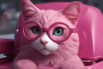 Digital art, pink cat with glasses, cute cat, big eyes and big waves, surreal, concept art, 4K, pink, cute, colorful, illustration,generative ai