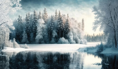 Obraz na płótnie Canvas winter background of snow and frost with landscape of forest