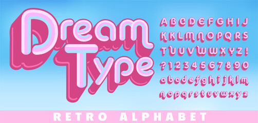 A retro 1970s style striped alphabet in pink and blue hues