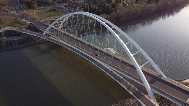 Edmonton's Riverfront Elegance: Aerial Views of the Sunset, Cityscape, and Majestic Bridge