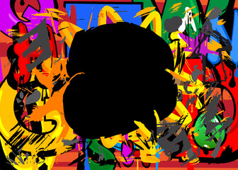 Black Graffiti speech bubble on colorful background. Abstract modern Messaging sign street art decoration, Discussion icon performed in urban painting style.