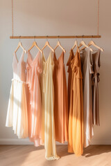 Fashionable capsule wardrobe in beige and white colors on a hanger. copy space. 