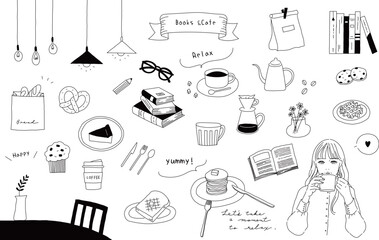 カフェと本と女の子 手描きのシンプルな線画イラスト ベクター
