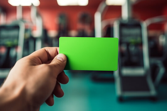 hand holding credit card mockup on blurred gym background.lending and banking concept. 