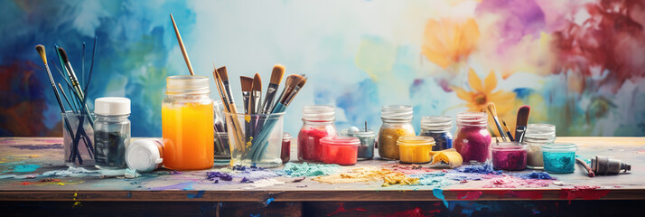 A poster of Artist art creative background - Glass with many different painting brushes and palette with blobs of acrylic oil paint on table High quality photo with copy space.
