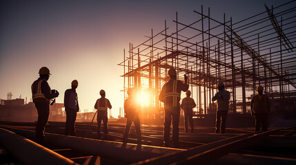An Silhouette of engineer and construction team working at site over blurred background sunset pastel for industry background with Light fair.