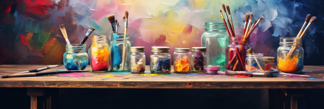 A poster of Artist art creative background - Glass with many different painting brushes and palette with blobs of acrylic oil paint on table High quality photo with copy space.