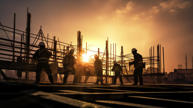 An Silhouette of engineer and construction team working at site over blurred background sunset pastel for industry background with Light fair.