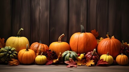 A colorful display of pumpkins, pumpkins and leaves sitting in a row on wooden background. Space for text. Generative AI.