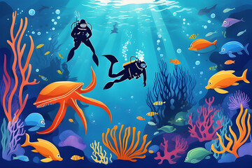 Fototapeta na wymiar An Underwater Scene with Divers Meeting Fantastic Marine Creatures