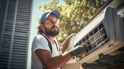 An Technician working on air conditioning outdoor unit on hot sunny day. HVAC worker professional occupation.