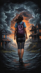 Illustration of little girl adventure in a surreal halloween haunted house
