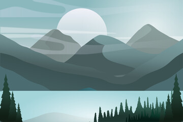 Gradient illustration of lake scenery with mountain