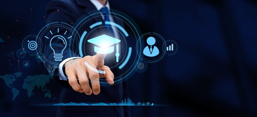 Online education and training to develop new skills and knowledge.  Remote learning on internet. Virtual screen.