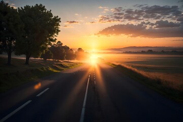 Perspective view of a simple road in sunset

