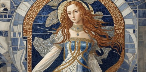 Mosaic in Sandro Botticelli style, beautiful girl in Italian style, stylish image of a girl for interior design, fresco