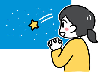 流れ星に願い事をする若い笑顔の女性(上半身・横顔)