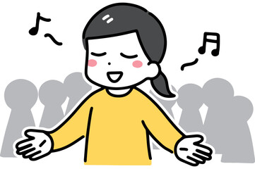 人前で笑顔で歌っている女性
