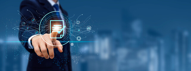 Compliance, Regulations, law, standards, requirements, audit diagram on virtual screen businessman touching button