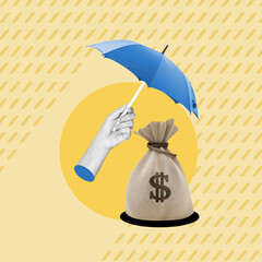 hand holding umbrella, bag of money, savings protection, protection against unforeseen events, insurance, insurance against loss, how to protect your savings, concept, collage art, photo collage

