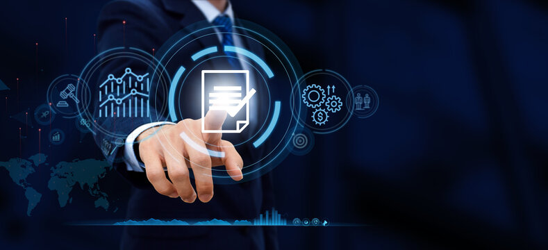 Compliance, Regulations, law, standards, requirements, audit diagram on virtual screen businessman touching button