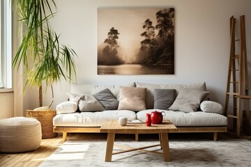 Natural living room interior, comfortable atmosphere shady with light from the windows.