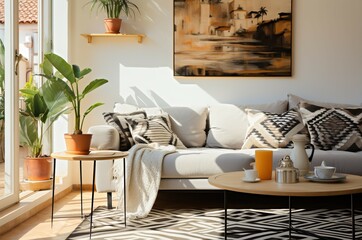 Natural living room interior, comfortable atmosphere shady with light from the windows.