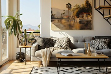Natural living room interior, comfortable atmosphere shady with light from the windows.