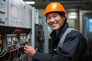 한국의 신축 공장 지하에 설치 된 최신 전기 배전 설비를 테스트하며 밝게 미소 짓고 있는 젊은 건물 관리 책임자 - obrazy, fototapety, plakaty