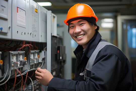 한국의 신축 공장 지하에 설치 된 최신 전기 배전 설비를 테스트하며 밝게 미소 짓고 있는 젊은 건물 관리 책임자