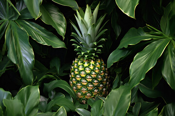 Pineapple on the green leaves background,  Tropical fruit concept