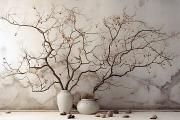 Vase with dried branches and pebbles on white wall background