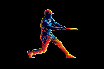A baseball player on a black background, glowing minimalistic straight line illustration.