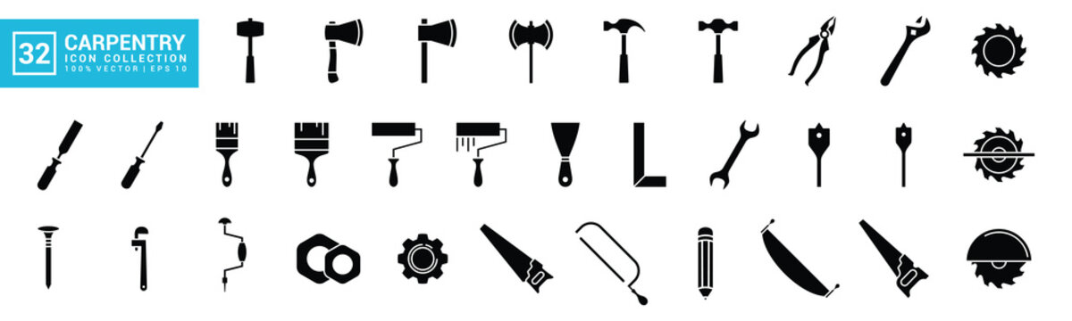 Set of icons related to carpentry tools, various painting tools, carpenter icon templates, mechanic icons editable and resizable EPS 10	