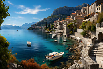 Beautiful and green bay view, clear blue sky, with white boats and modern buildings near the bay