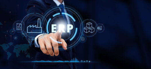 Enterprise Resource Planning ERP Corporate Company Management Business Internet Technology Concept. Businessman hand touching icon