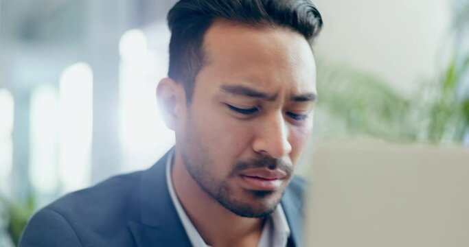 Business man, computer and upset or mistake in office or reading email, internet or notification. Face of angry and confuse asian entrepreneur person and technology with fail, bad feedback or website