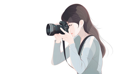 illustration of a long-haired girl photographer at the moment of shooting, all in soft colors, created by AI