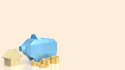 The blue piggy bank and gold coin for house saving concept 3d rendering