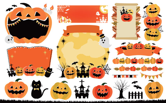 秋のおしゃれ手描き風かぼちゃハロウィン・ハロウィーンパンプキンベクターフレームとイラストの素材コレクション