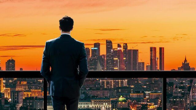 Business man overlooking city skyline background from office 