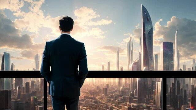 Business man overlooking city skyline background from office 