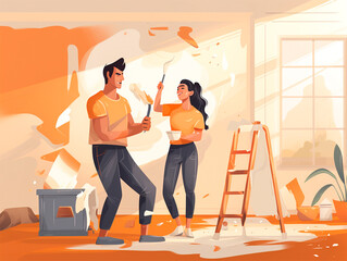 Illustration of couple painting their new home. Home renovation and improvement concept