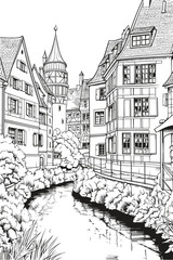 France Colmar village cityscape black and white coloring page for adults. Alsace buildings, canal, street, landmarks vector outline doodle sketch for anti stress color book. AI generative