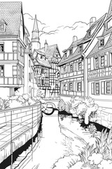 France Colmar village cityscape black and white coloring page for adults. Alsace buildings, canal, street, landmarks vector outline doodle sketch for anti stress color book. AI generative