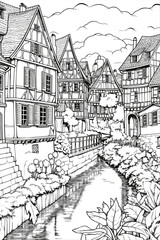 France Colmar village cityscape black and white coloring page for adults. Alsace buildings, canal, street, landmarks vector outline doodle sketch for anti stress color book.