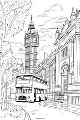 Fototapeta na wymiar UK United Kingdom London cityscape black and white coloring page for adults. England city buildings, street, landmarks vector outline doodle sketch for anti stress color book