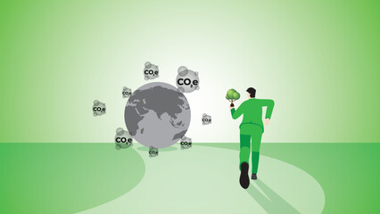 The back view of a businessman runs with a tree to the destroyed gray earth by carbon emission. Environmental concern, plant a tree, Net zero, Reduce carbon footprint, Save the world, and Sustainable.