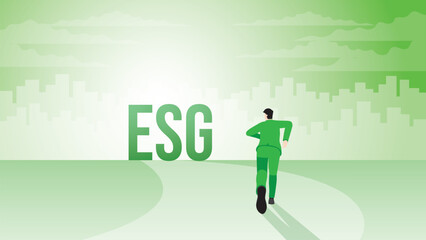 A back view of a businessman runs aim to a target goal. ESG text in a city. Environmental policy, Net zero emission, Carbon footprint reduction, Sustainable, Eco friendly, Nature and green concept.