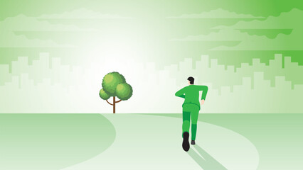 A back view of a businessman runs aim to target goal. Tree in a city. Environmental policy, Net zero emission, Carbon footprint reduction, Sustainable, Eco friendly, Nature concern and green concept.